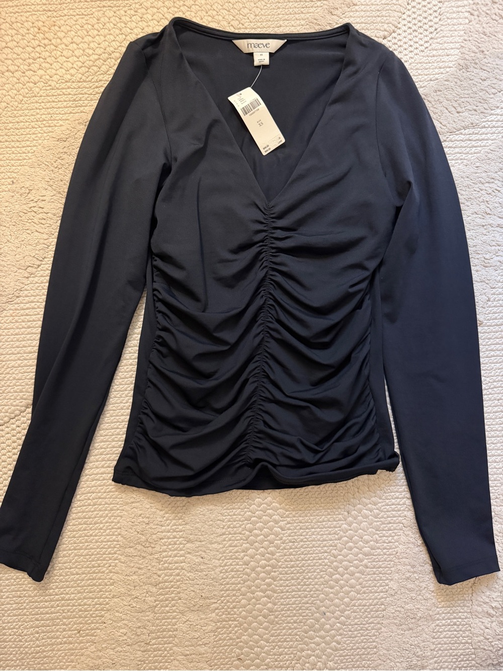 Maeve Black Long-Sleeve Ruched V-Neck Top - NWT